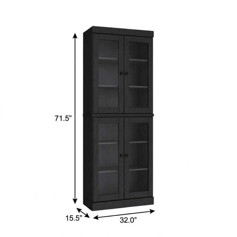 72" Black Solid Wood Adjustable Six Tier Library Bookcase with Four Doors