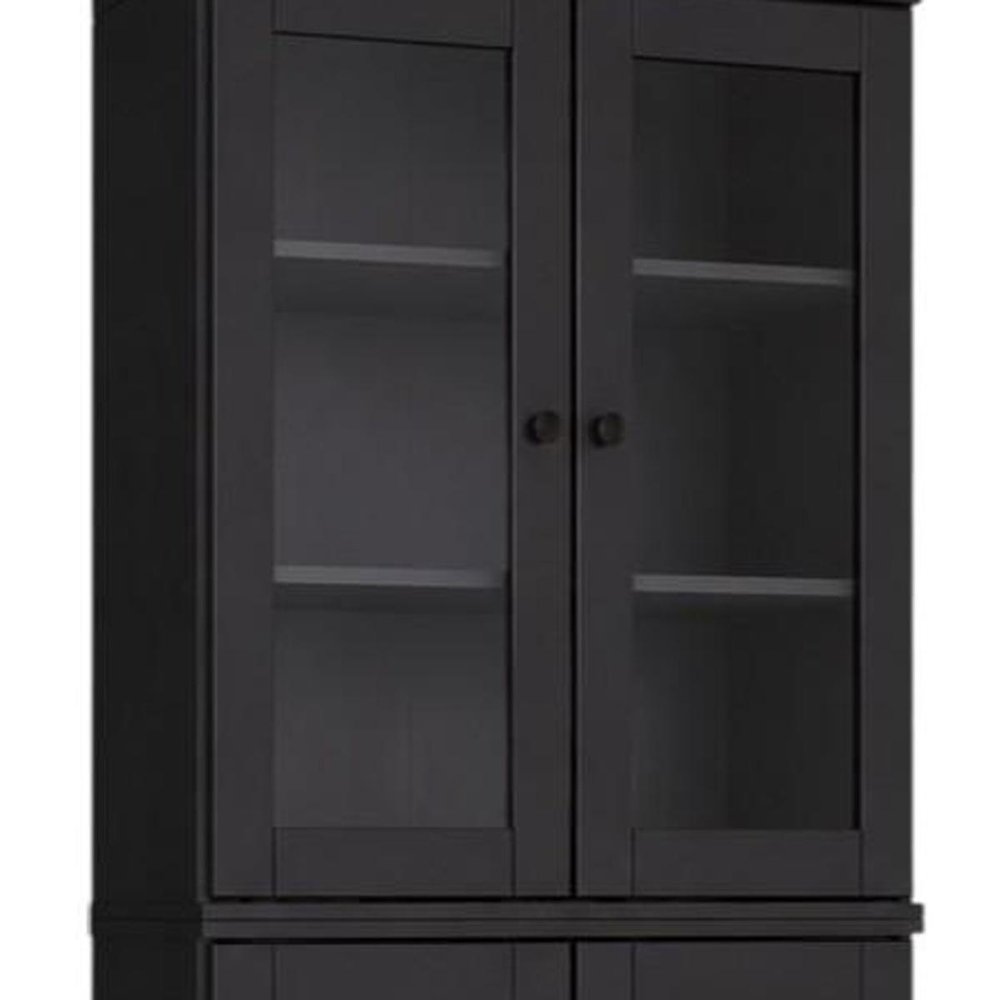 72" Black Solid Wood Adjustable Six Tier Library Bookcase with Four Doors