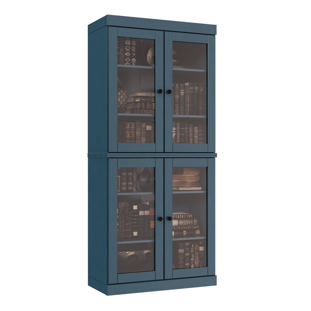 72" Teal Blue Solid Wood Adjustable Six Tier Library Bookcase with Four Doors