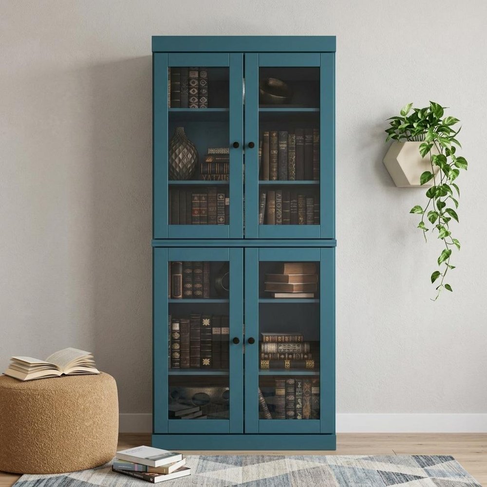 72" Teal Blue Solid Wood Adjustable Six Tier Library Bookcase with Four Doors