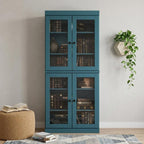 72" Teal Blue Solid Wood Adjustable Six Tier Library Bookcase with Four Doors