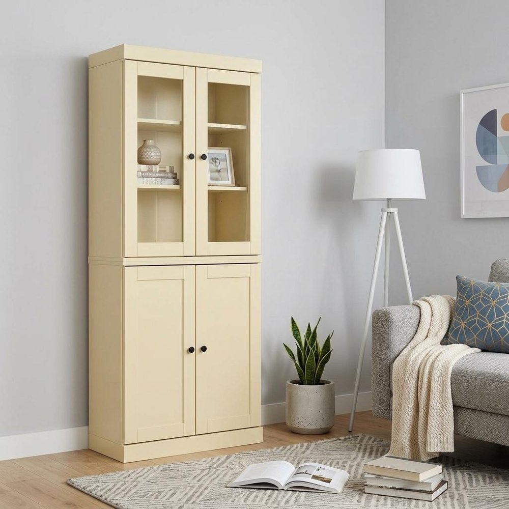 72" Yellow Solid Wood Adjustable Six Tier Library Bookcase with Four Doors