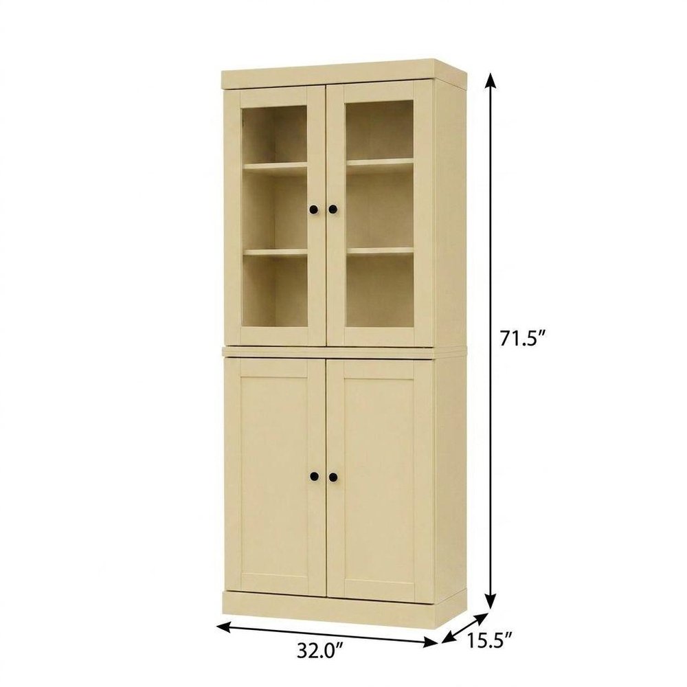 72" Yellow Solid Wood Adjustable Six Tier Library Bookcase with Four Doors