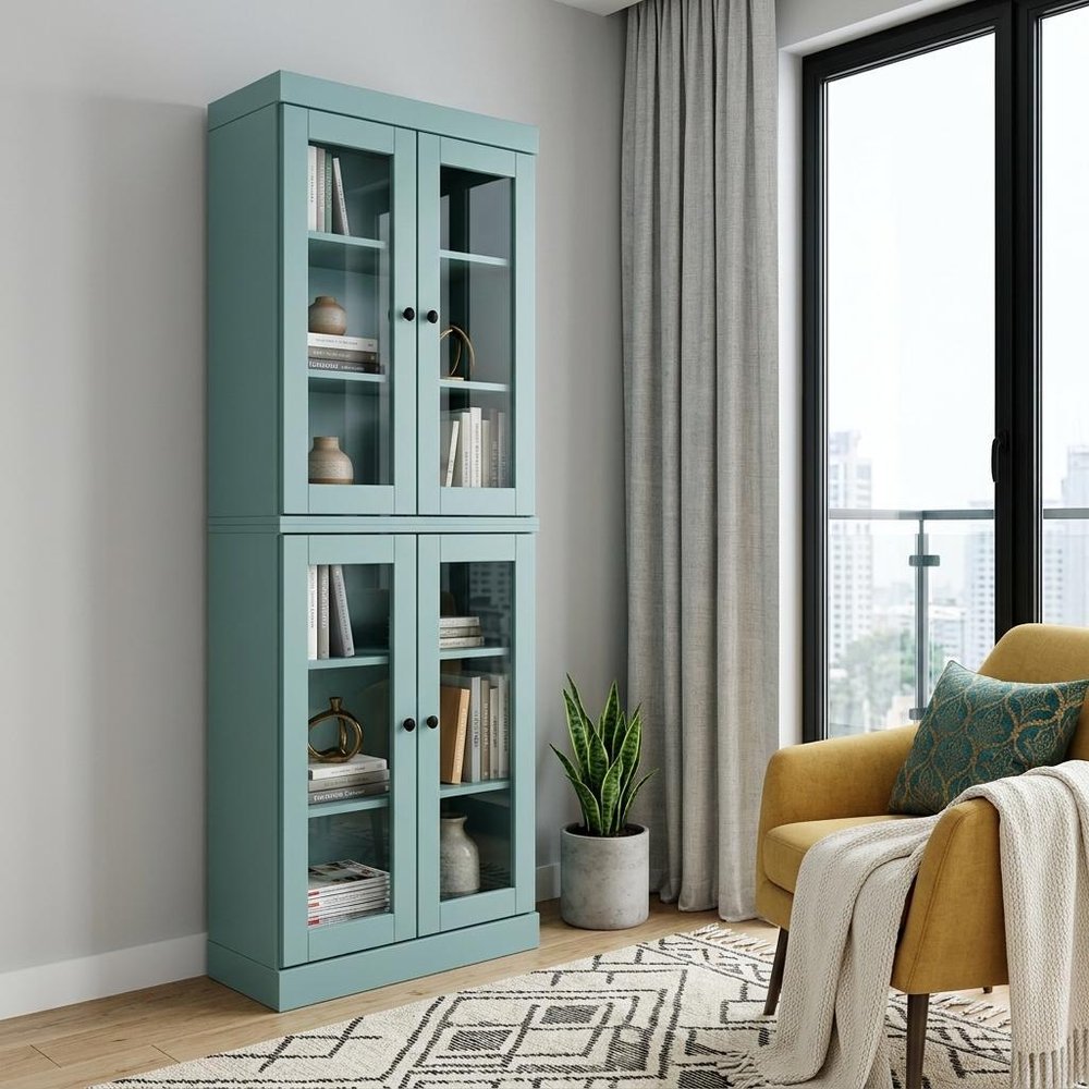 72" Aqua Solid Wood Adjustable Six Tier Library Bookcase with Four Doors