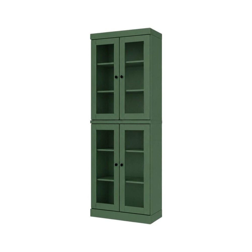 72" Green Solid Wood Adjustable Six Tier Library Bookcase with Four Doors