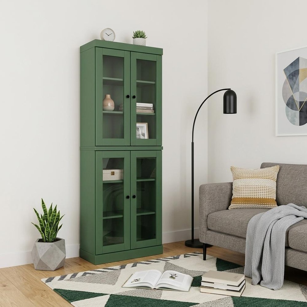 72" Green Solid Wood Adjustable Six Tier Library Bookcase with Four Doors