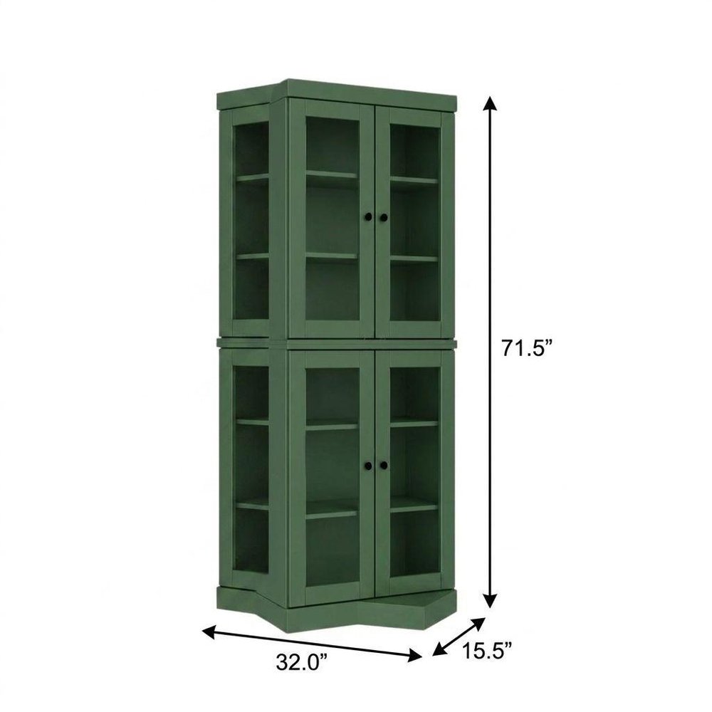 72" Green Solid Wood Adjustable Six Tier Library Bookcase with Four Doors