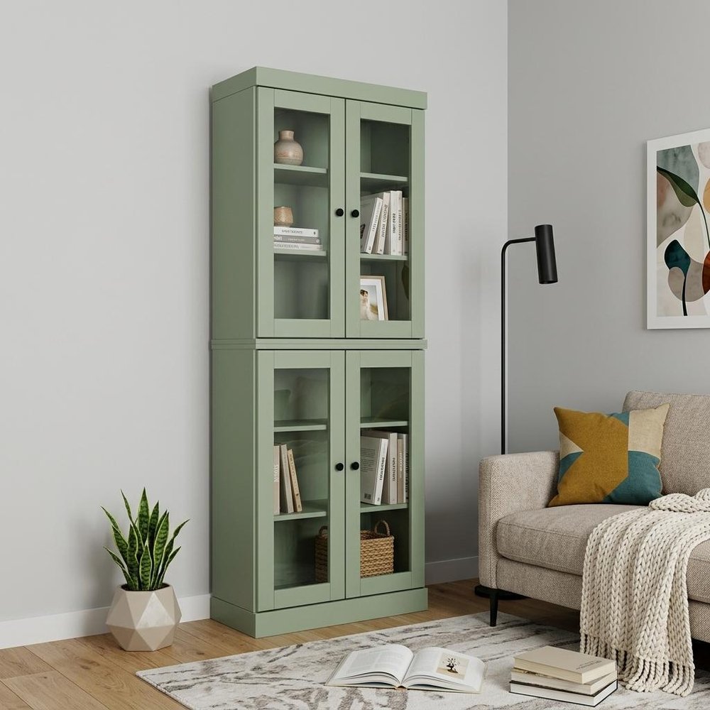 72" Sage Solid Wood Adjustable Six Tier Library Bookcase with Four Doors