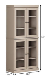 72" Beige Solid Wood Adjustable Six Tier Library Bookcase with Four Doors