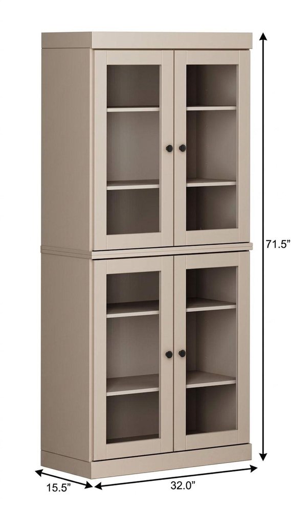 72" Beige Solid Wood Adjustable Six Tier Library Bookcase with Four Doors