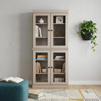 72" Beige Solid Wood Adjustable Six Tier Library Bookcase with Four Doors