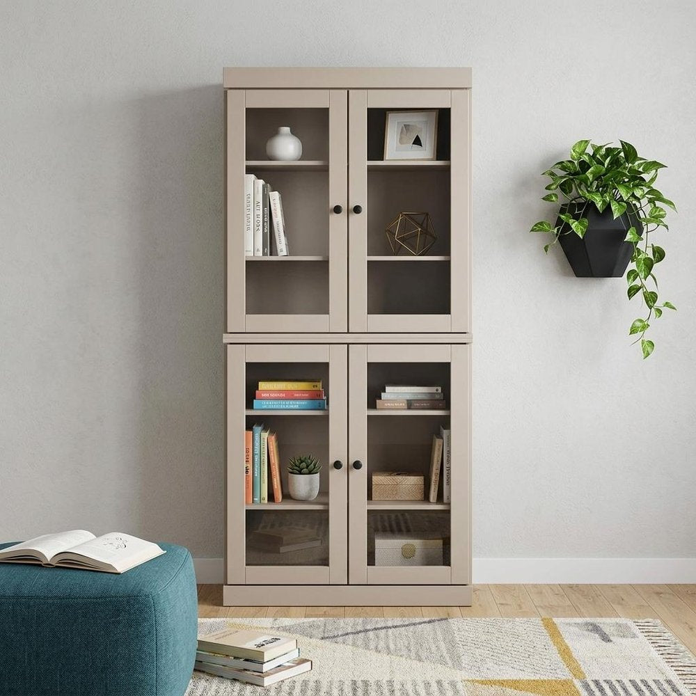 72" Beige Solid Wood Adjustable Six Tier Library Bookcase with Four Doors