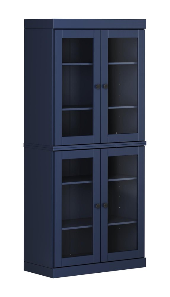 72" Navy Blue Solid Wood Adjustable Six Tier Library Bookcase with Four Doors