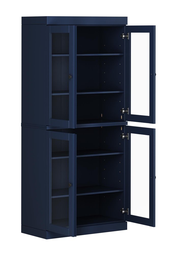 72" Navy Blue Solid Wood Adjustable Six Tier Library Bookcase with Four Doors