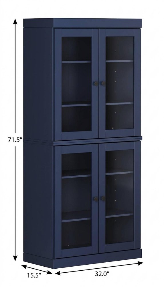 72" Navy Blue Solid Wood Adjustable Six Tier Library Bookcase with Four Doors