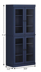 72" Navy Blue Solid Wood Adjustable Six Tier Library Bookcase with Four Doors