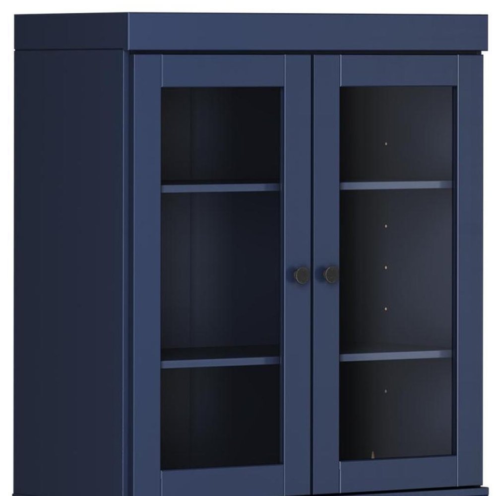 72" Navy Blue Solid Wood Adjustable Six Tier Library Bookcase with Four Doors