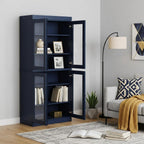 72" Navy Blue Solid Wood Adjustable Six Tier Library Bookcase with Four Doors