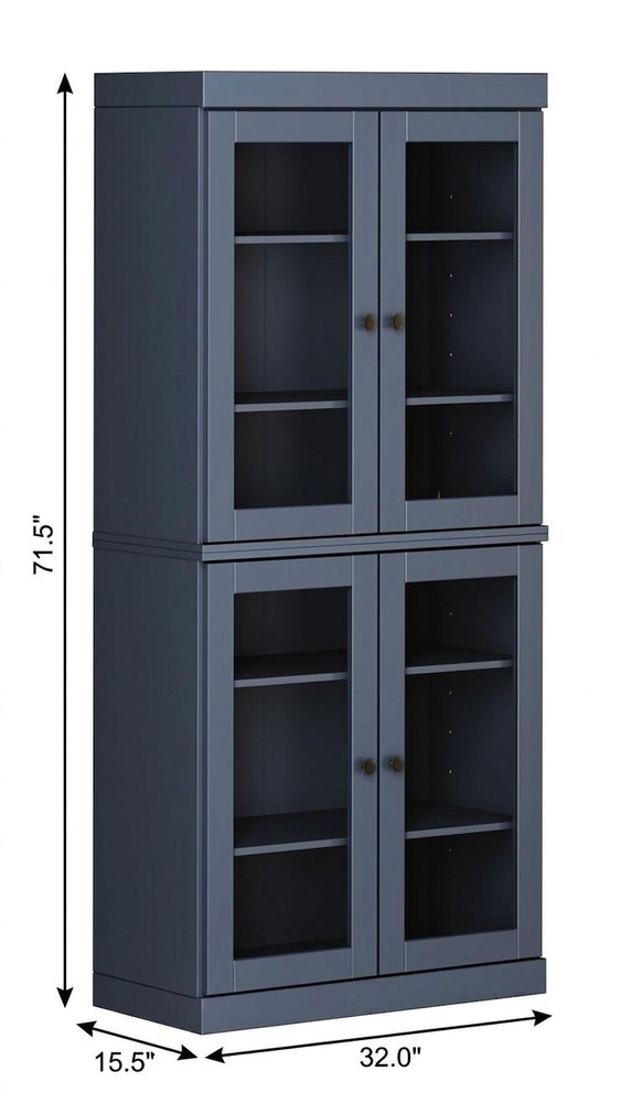 72" French Blue Solid Wood Adjustable Six Tier Library Bookcase with Four Doors