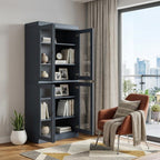 72" French Blue Solid Wood Adjustable Six Tier Library Bookcase with Four Doors