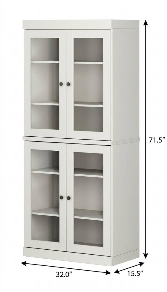 72" Off White Solid Wood Adjustable Six Tier Library Bookcase with Four Doors