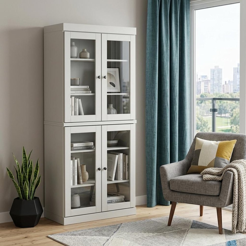 72" Off White Solid Wood Adjustable Six Tier Library Bookcase with Four Doors