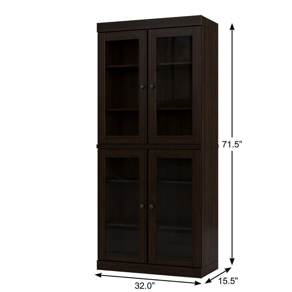 72" Espresso Solid Wood Adjustable Six Tier Library Bookcase with Four Doors