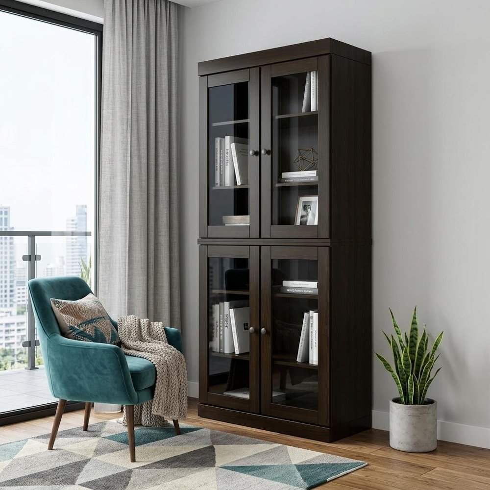 72" Espresso Solid Wood Adjustable Six Tier Library Bookcase with Four Doors