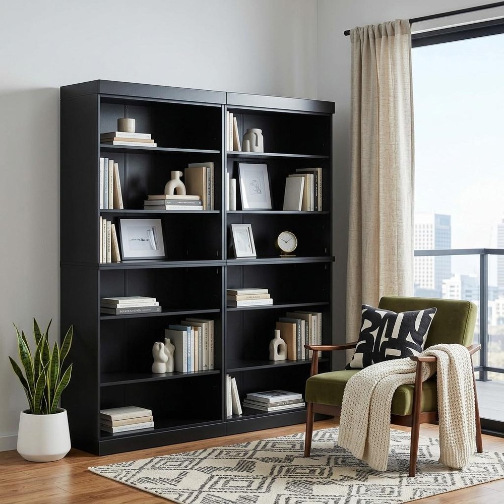 72" Black Solid Wood Adjustable Twelve Tier Library Bookcase