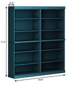 72" Teal Blue Solid Wood Adjustable Twelve Tier Library Bookcase
