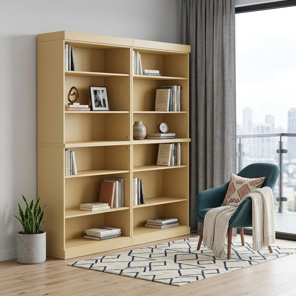 72" Yellow Solid Wood Adjustable Twelve Tier Library Bookcase
