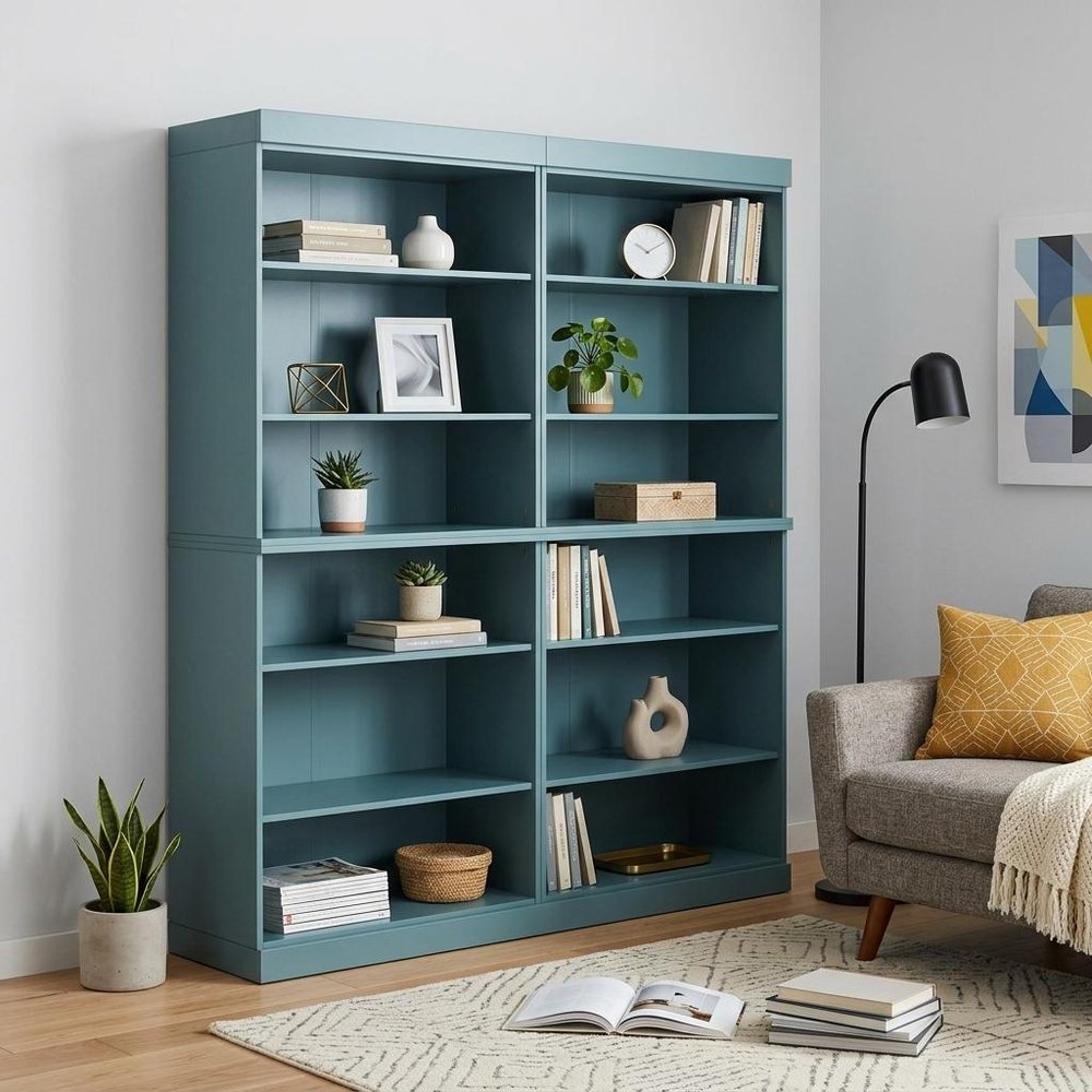 72" Aqua Solid Wood Adjustable Twelve Tier Library Bookcase