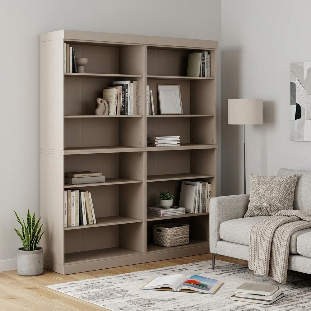 72" Beige Solid Wood Adjustable Twelve Tier Library Bookcase