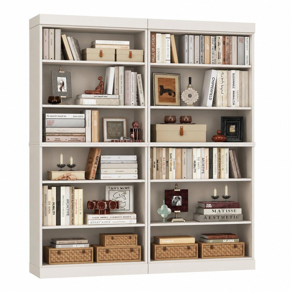 72" Off White Solid Wood Adjustable Twelve Tier Library Bookcase