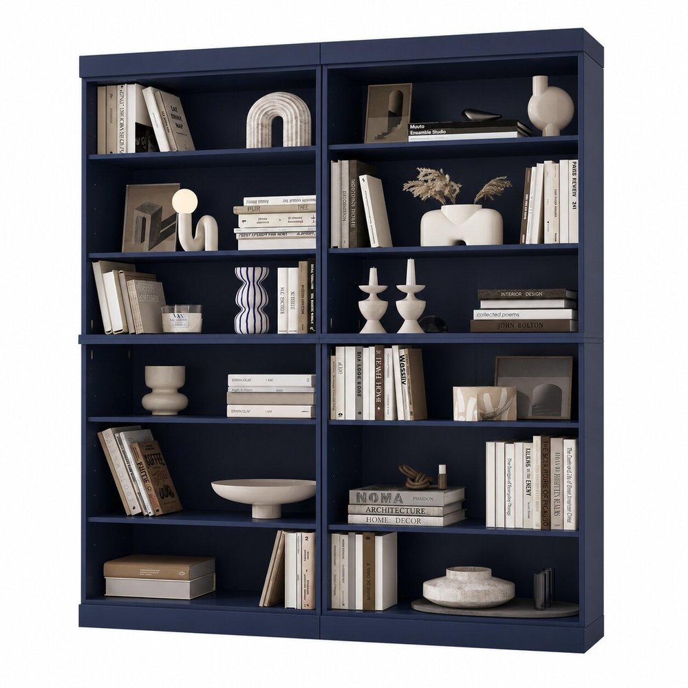 72" Navy Blue Solid Wood Adjustable Twelve Tier Library Bookcase