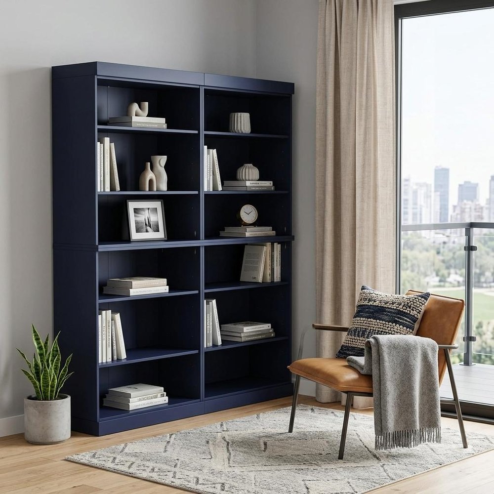 72" Navy Blue Solid Wood Adjustable Twelve Tier Library Bookcase