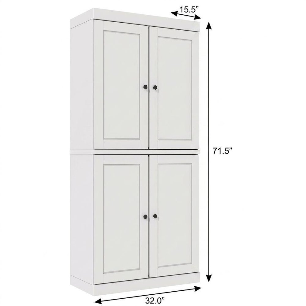 72" White Solid Wood Adjustable Six Tier Library Bookcase with Four Doors