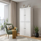 72" White Solid Wood Adjustable Six Tier Library Bookcase with Four Doors