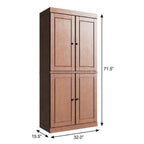 72" Coffee Solid Wood Adjustable Six Tier Library Bookcase with Four Doors
