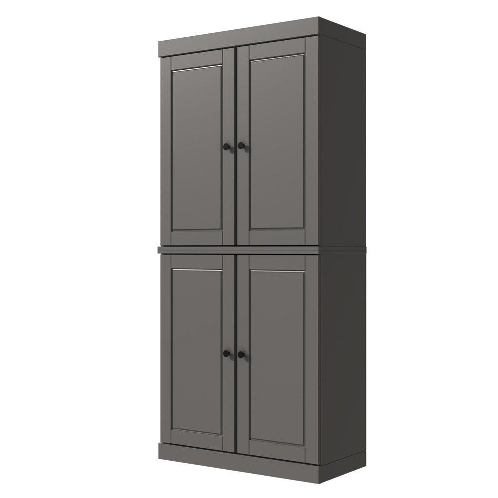 72" Gray Solid Wood Adjustable Six Tier Library Bookcase with Four Doors