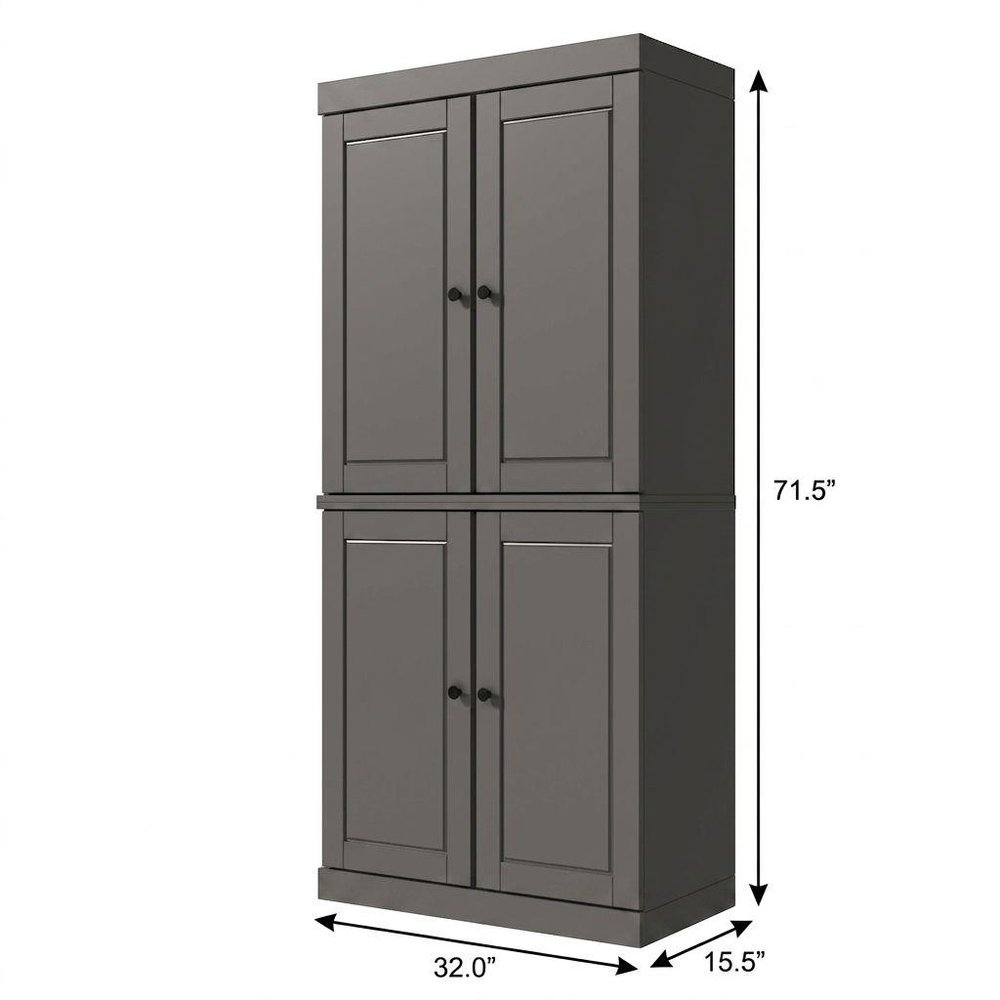 72" Gray Solid Wood Adjustable Six Tier Library Bookcase with Four Doors