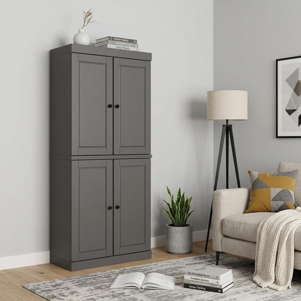72" Gray Solid Wood Adjustable Six Tier Library Bookcase with Four Doors