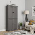 72" Gray Solid Wood Adjustable Six Tier Library Bookcase with Four Doors