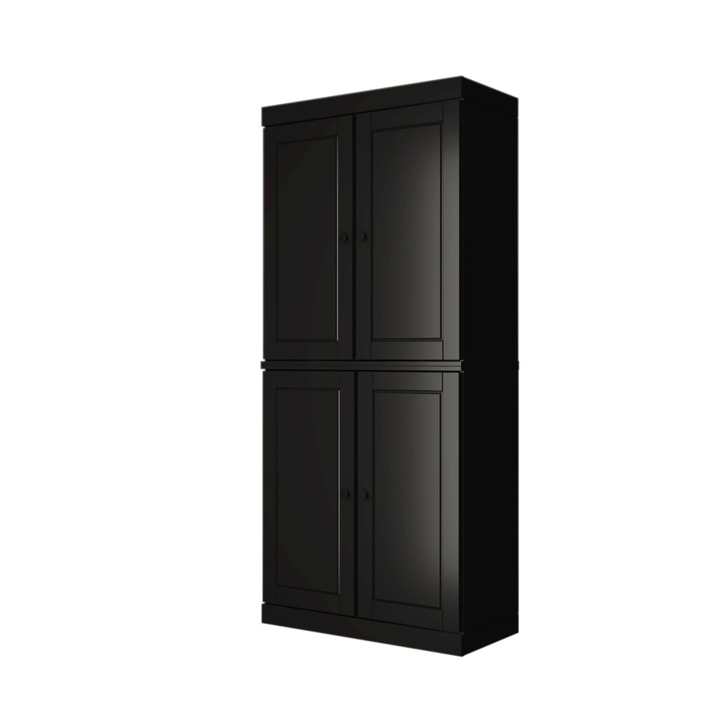 72" Black Solid Wood Adjustable Six Tier Library Bookcase with Four Doors