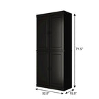 72" Black Solid Wood Adjustable Six Tier Library Bookcase with Four Doors