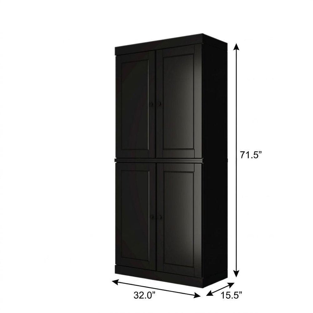 72" Black Solid Wood Adjustable Six Tier Library Bookcase with Four Doors