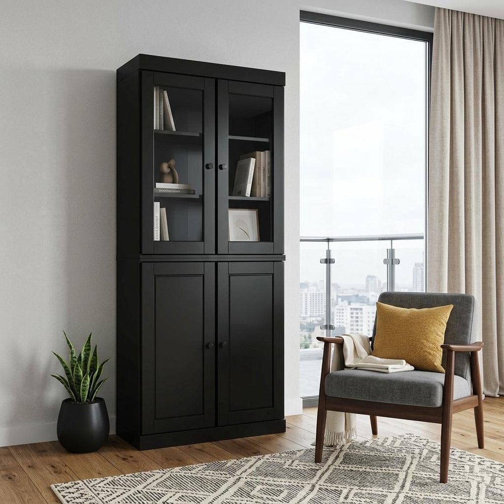 72" Black Solid Wood Adjustable Six Tier Library Bookcase with Four Doors