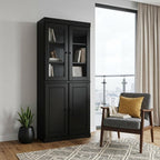 72" Black Solid Wood Adjustable Six Tier Library Bookcase with Four Doors