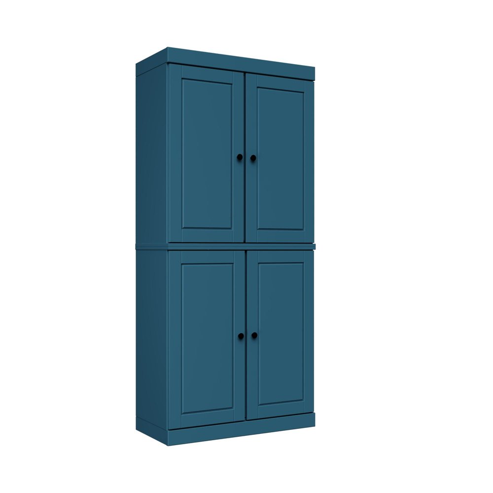 72" Teal Blue Solid Wood Adjustable Six Tier Library Bookcase with Four Doors
