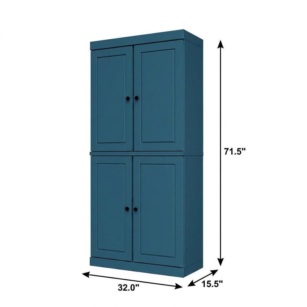 72" Teal Blue Solid Wood Adjustable Six Tier Library Bookcase with Four Doors